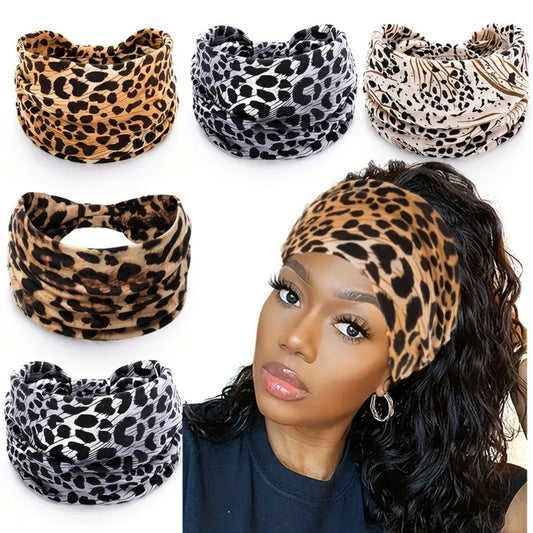 Boho Wide Knotted Leopard Headband Soft Elastic Printed Turban Hairband For Women Girls Sport Yoga Workout Headwear headscarf Peaceful Pleasures Health and Wellness