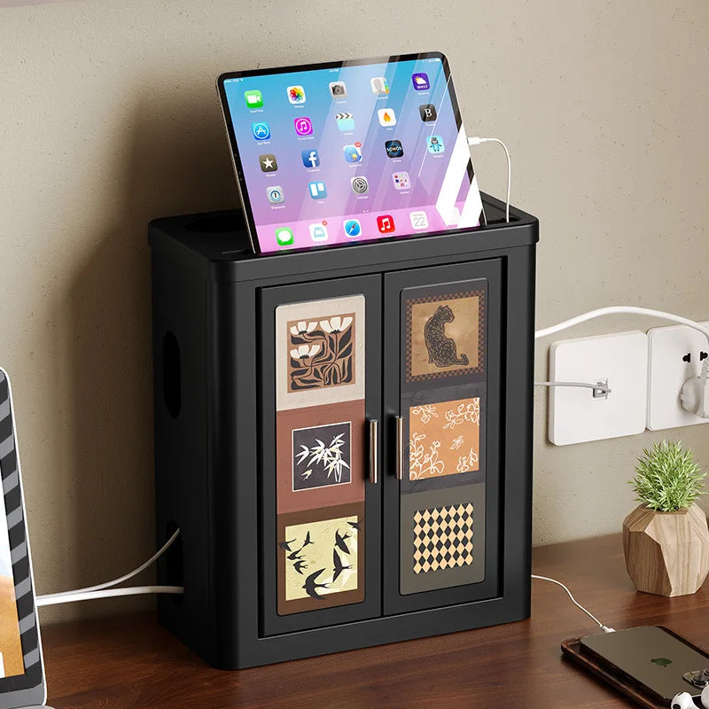 Retro Mid Century Modern WiFi Router Storage Box with Cable Management and Power Strip Holder for Living Room Office Desk Peaceful Pleasures Health and Wellness