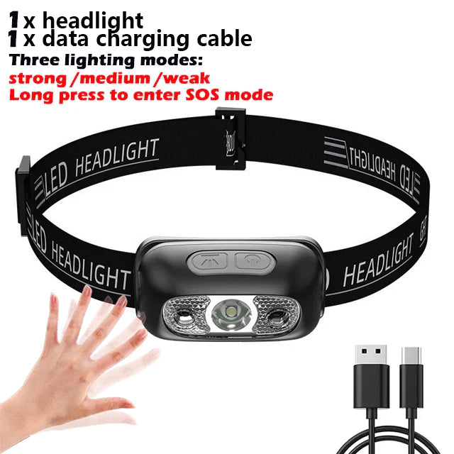 IR Sensor LED Headlamp XPG+COB USB Rechargeable Waterproof 2000mAh