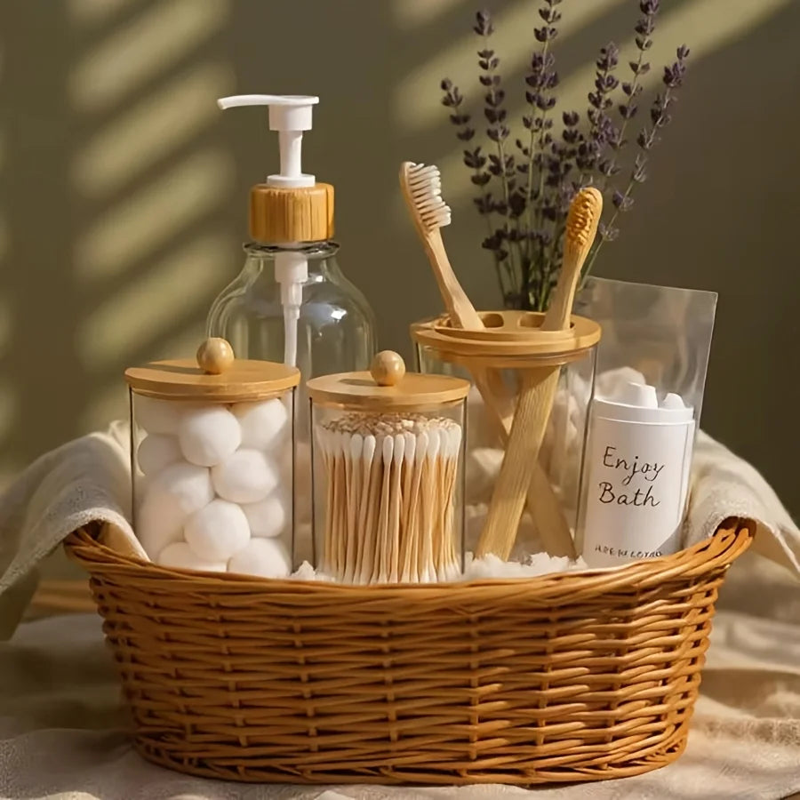 Boho Bathroom Accessories Set – 4 Piece Clear Canister, Soap Dispenser & Toothbrush Holder