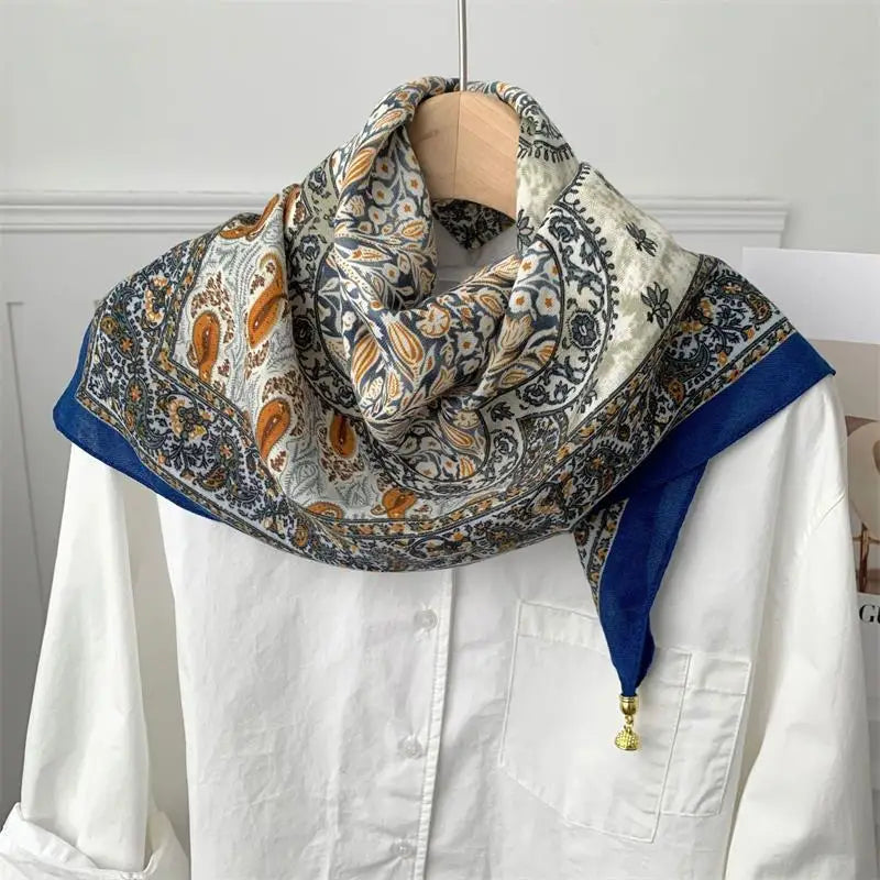70x70 Retro Print Square Silk Scarf with Magnetic Buckle