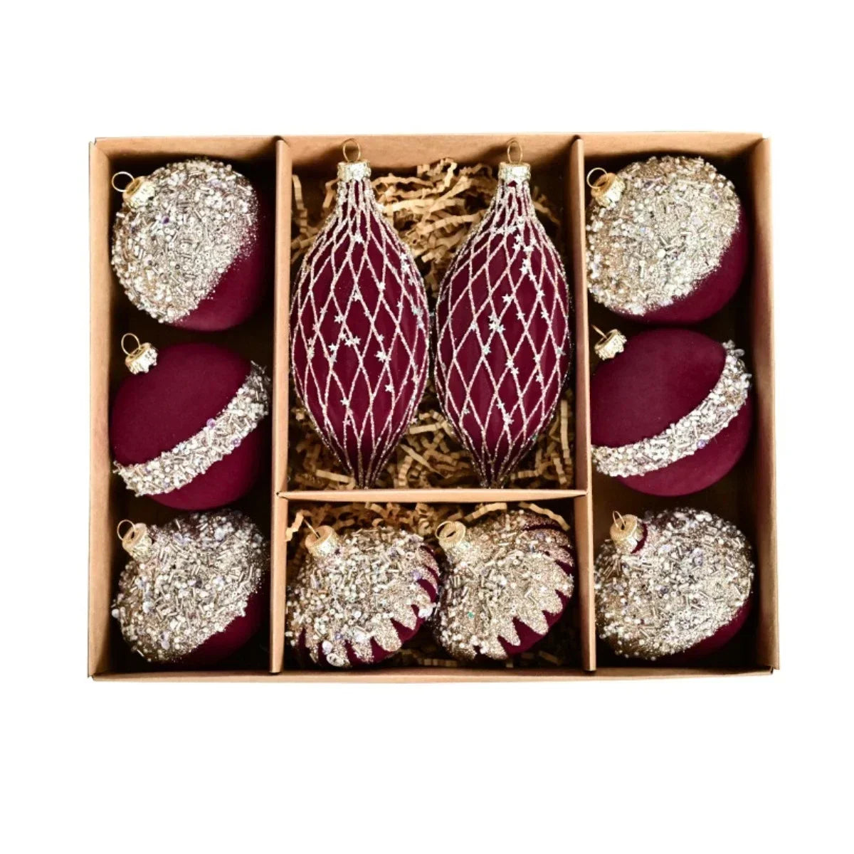10-Pack 8cm Flocked Christmas Ball Ornaments | Red & Green