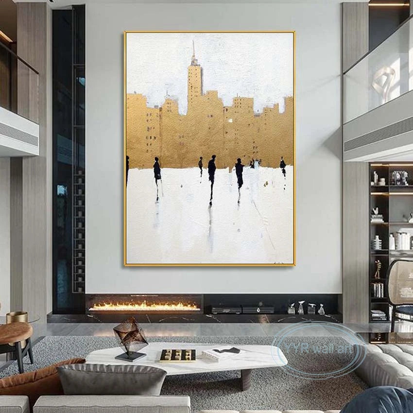 New Abstract Gold Foil Street Scene Oil Painting Custom Wall Art Decoration Hanging Picture High Quality Handmade Canvas Poster Peaceful Pleasures Health and Wellness