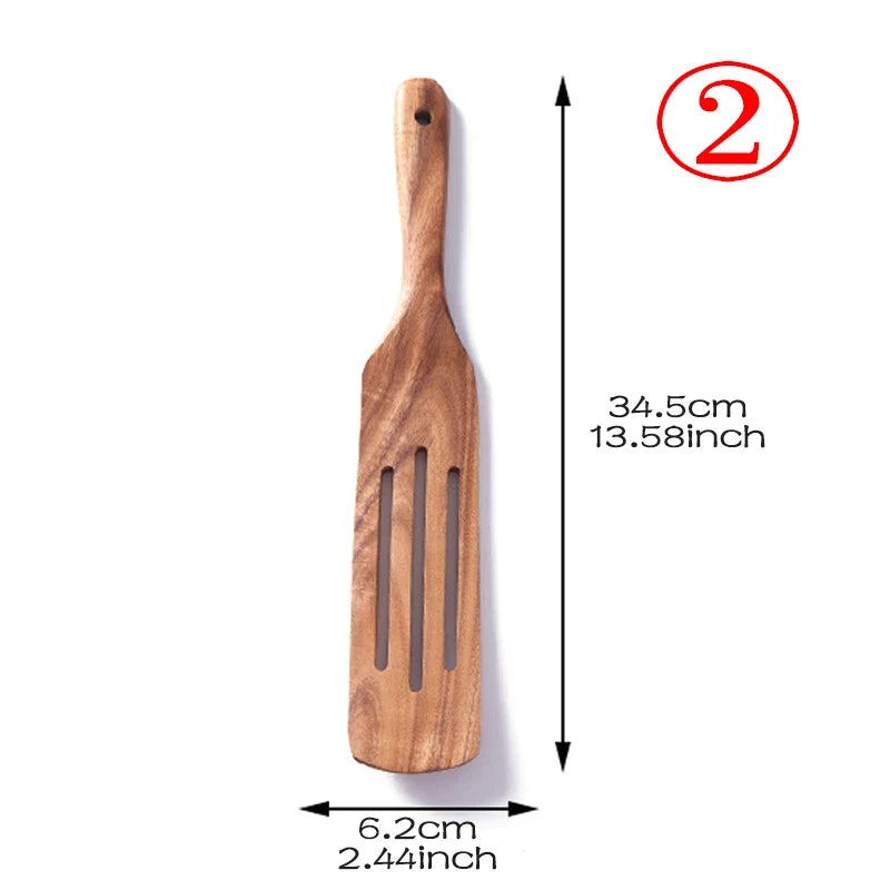 7pcs/set Teak Natural Wood Tableware Spoon Ladle Turner Rice Colander Soup Skimmer Cooking Spoon Scoop Kitchen Reusable Tool Kit Peaceful Pleasures Health and Wellness shovel 2