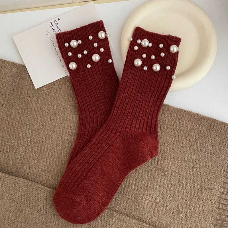 1 Pair of Women's Fashionable Pearl Decorative Socks, Cute Princess Style Mid Calf Korean Style Socks, Clothing Accessories Peaceful Pleasures Health and Wellness