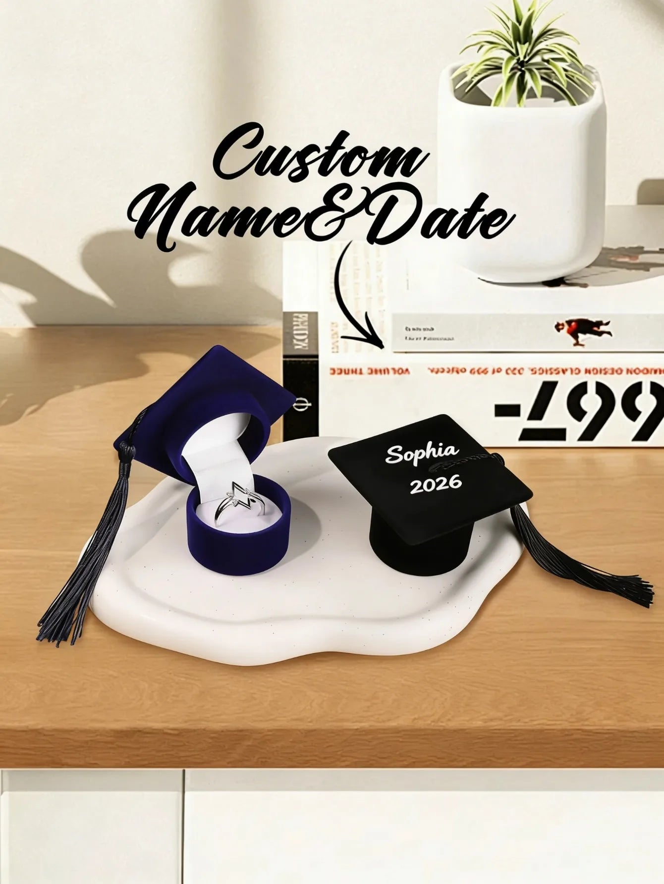 Custom Graduation Cap Ring Box Personalized Name Date Black Velvet Graduate Hat Jewelry Gift Box for High School College Peaceful Pleasures Health and Wellness