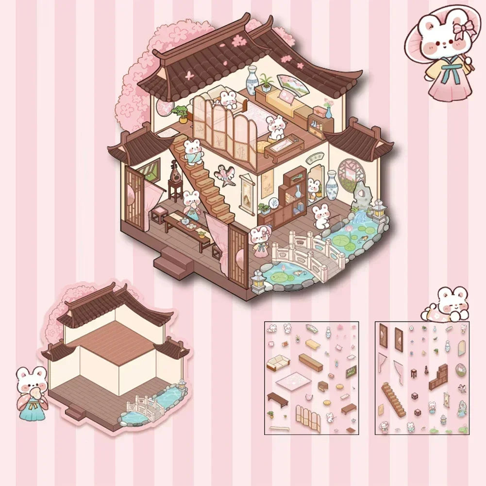 3D Cartoon Cabin DIY Scene Stacking Stickers – Reusable Set