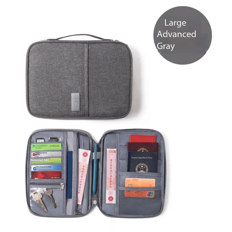 Travel Document Organizer - Waterproof Passport Holder with RFID Blocking, Multi-Card Slots & Zipper Pocket for Airplane/Train Peaceful Pleasures Health and Wellness Grey Large