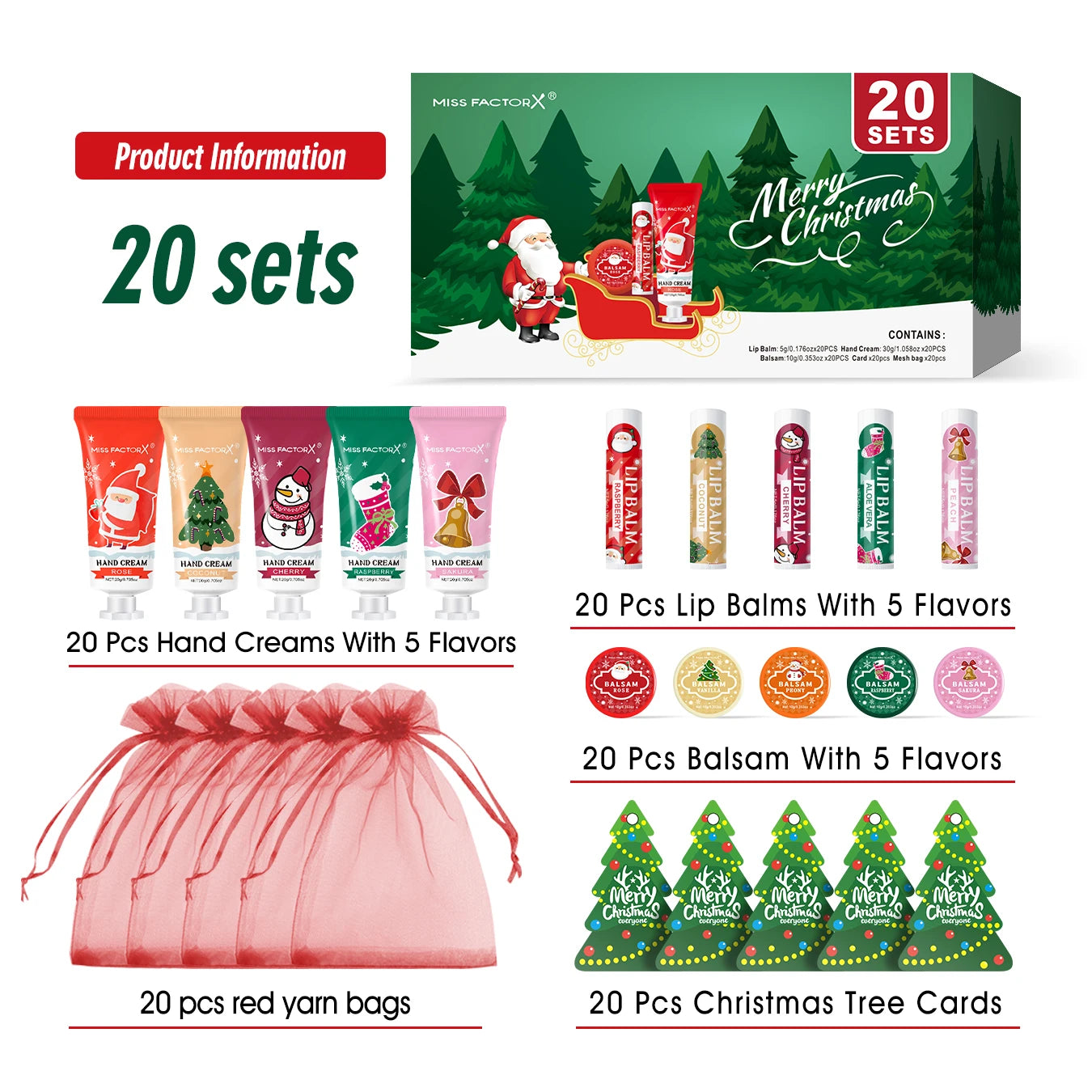 Christmas assembly gift set -20 sets, including balm, hand cream, lipstick, red gauze bag, Christmas tree thank you card Peaceful Pleasures Health and Wellness 20 sets