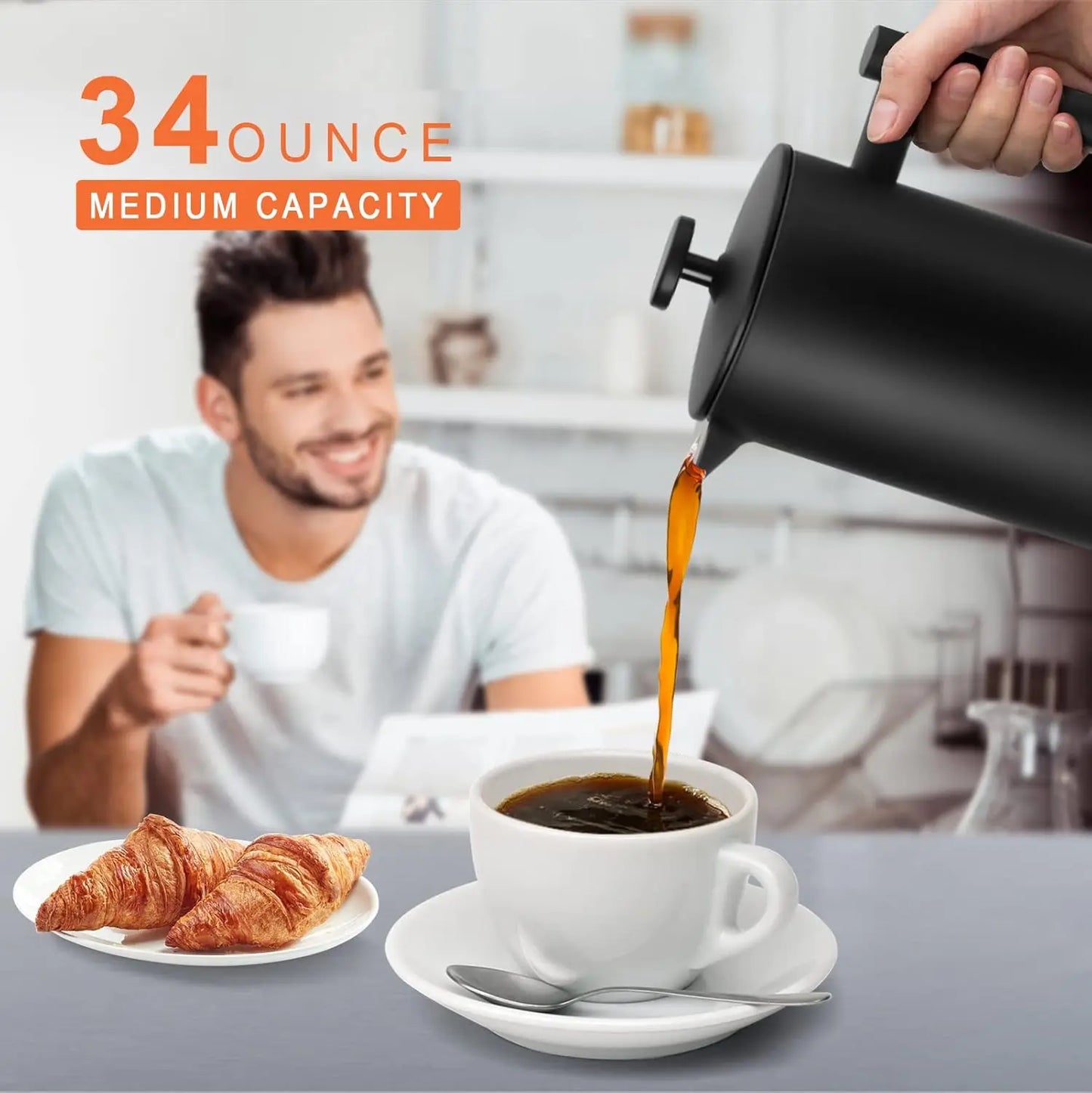 Black French Press Coffee Maker 304 Grade Stainless Steel Insulated Coffee Press with 2 Extra Screens 34oz (1 Litre) Peaceful Pleasures Health and Wellness