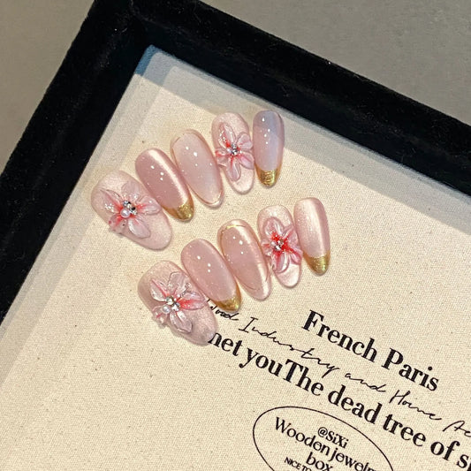 Press-On Nails Cat Eye Almond | Pink Flower Pearl Design Press-On Nail Set Peaceful Pleasures Health and Wellness M 1