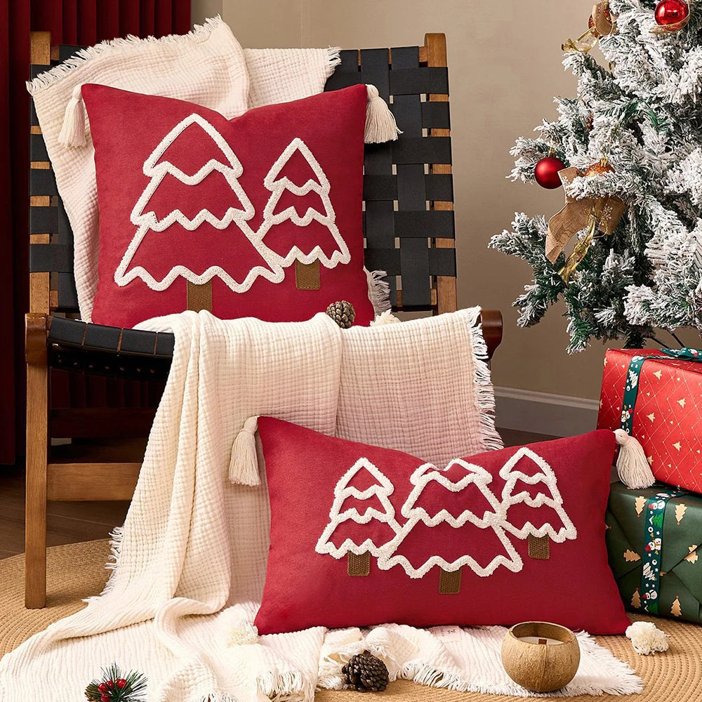 Battilo Christmas Throw Pillow Cover with Tassels Decorative Green Tufted Pillowcase for Sofa Bed Cushion Case for Home Decor Peaceful Pleasures Health and Wellness Red 45x45cm