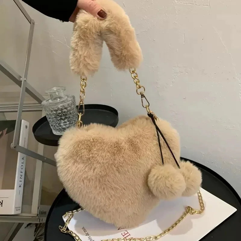 New Korean Style Plush Bags Trendy Heart-shaped Crossbody Bags Versatile Autumn Winter Single Shoulder or Handheld Clutch Wallet Peaceful Pleasures Health and Wellness