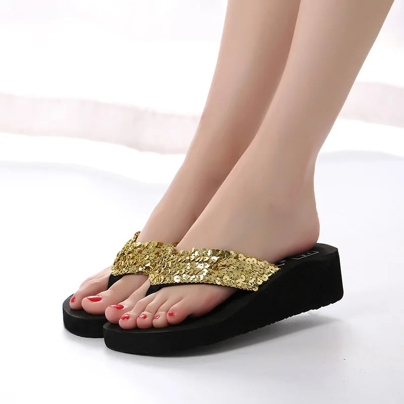 Women's Sequin Platform Wedge Flip Flops – Beach Sandals