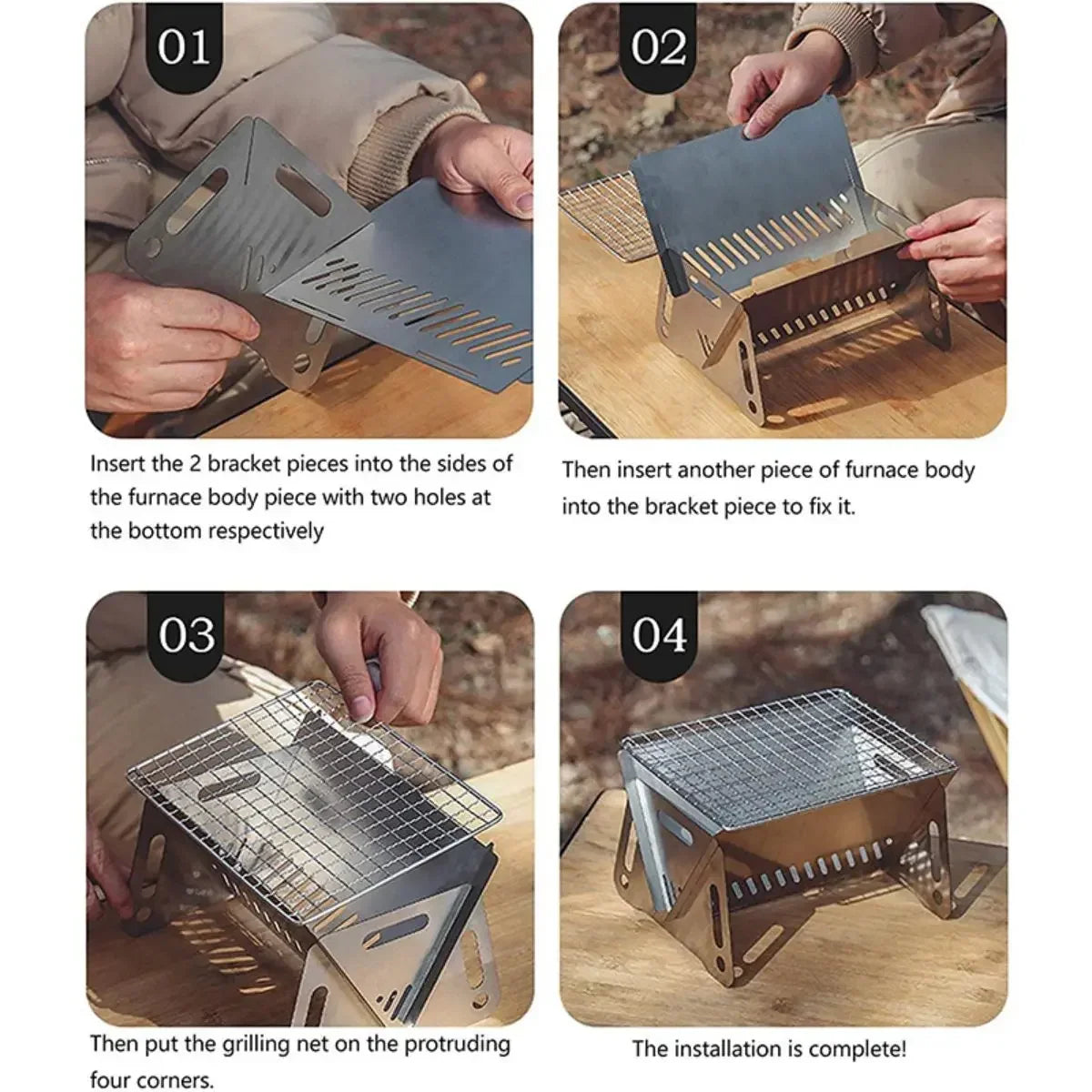Portable Stainless Steel Camping BBQ Grill Rack & Firewood Stove