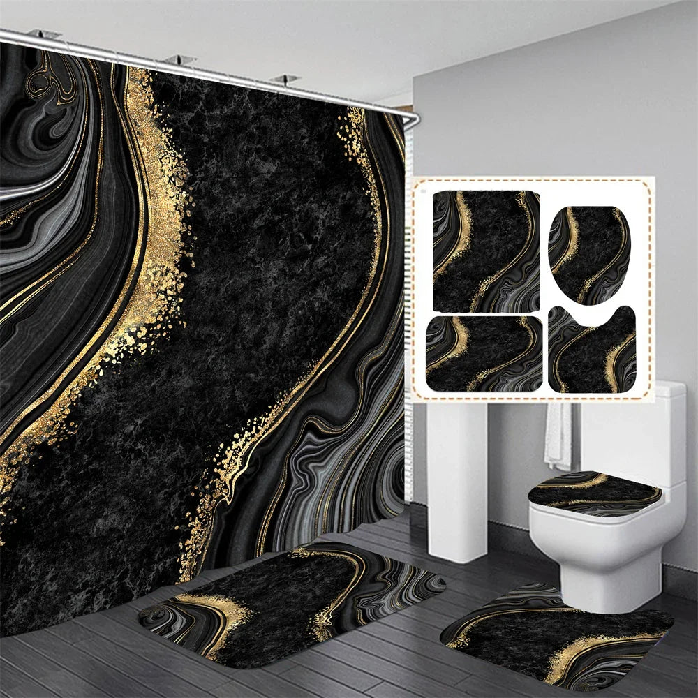 4pcs Set Doormat Shower Curtain with Non-Slip Rugs Toilet Seat Cover Bath Carpet Durable Waterproof Bathroom Home Entrance Decor Peaceful Pleasures Health and Wellness E