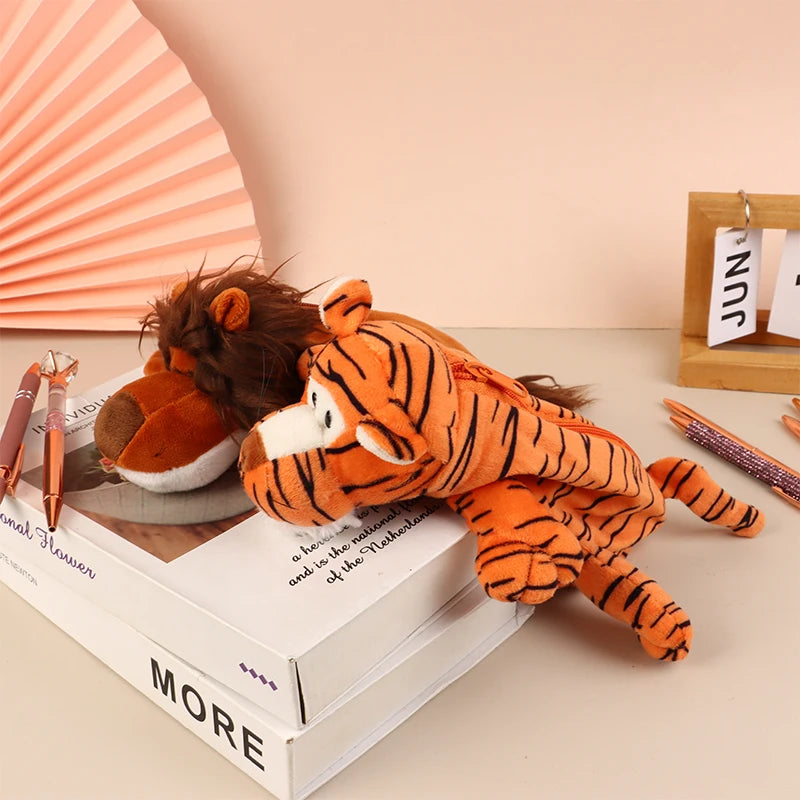 Cute Animal Plush Pencil Case – Lion Tiger Bear Pen Pouch