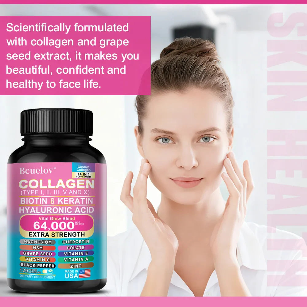 Bcuelov 14-in-1 Collagen Peptide Capsules | Skin Hair Nails