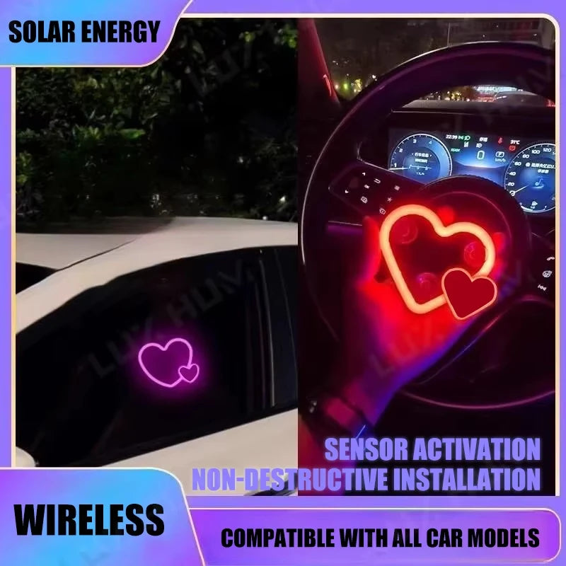 Solar Powered Car Neon Light Wireless Cute Double Heart Shaped Led Ambient Light Suction Cup Atmosphere Breathing Lamp Peaceful Pleasures Health and Wellness