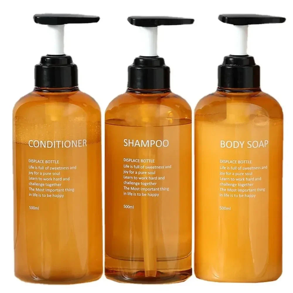 Shampoo Conditioner Body Wash Dispenser Set, Printed Letters Bathroom Soap Bottle Dispenser, Shower Pump Shampoo Dispenser Peaceful Pleasures Health and Wellness