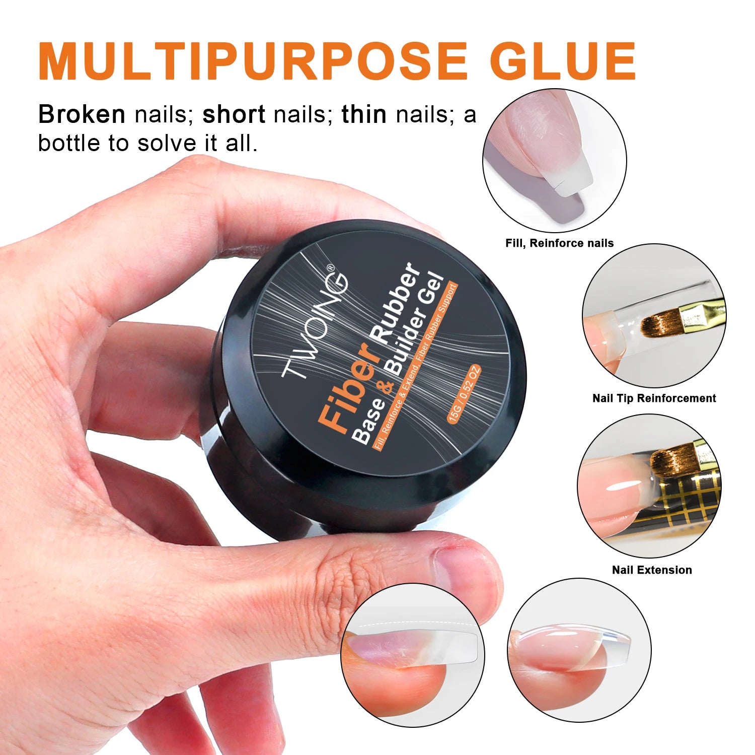 TWOING 15g Fiber Rubber Base Gel For Broken Nail Repaired Fiberglass Clear Quick Building Soak Off UV Construction Gel Peaceful Pleasures Health and Wellness