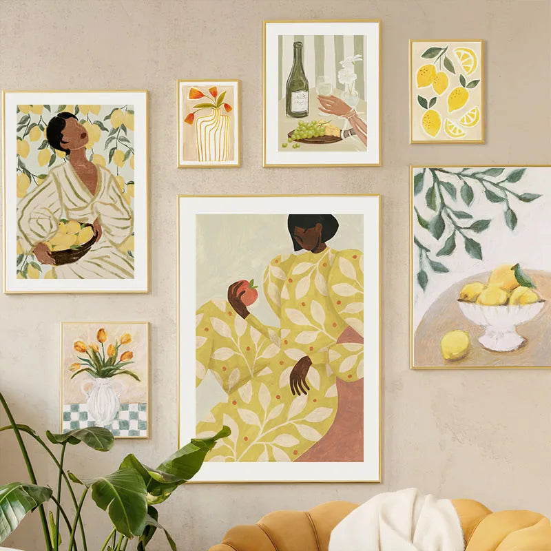 Retro Pajama Girl Lemon Flowers Vase Abstract Gallery Poster And Prints Wall Art Canvas Painting Pictures For Living Room Decor Peaceful Pleasures Health and Wellness