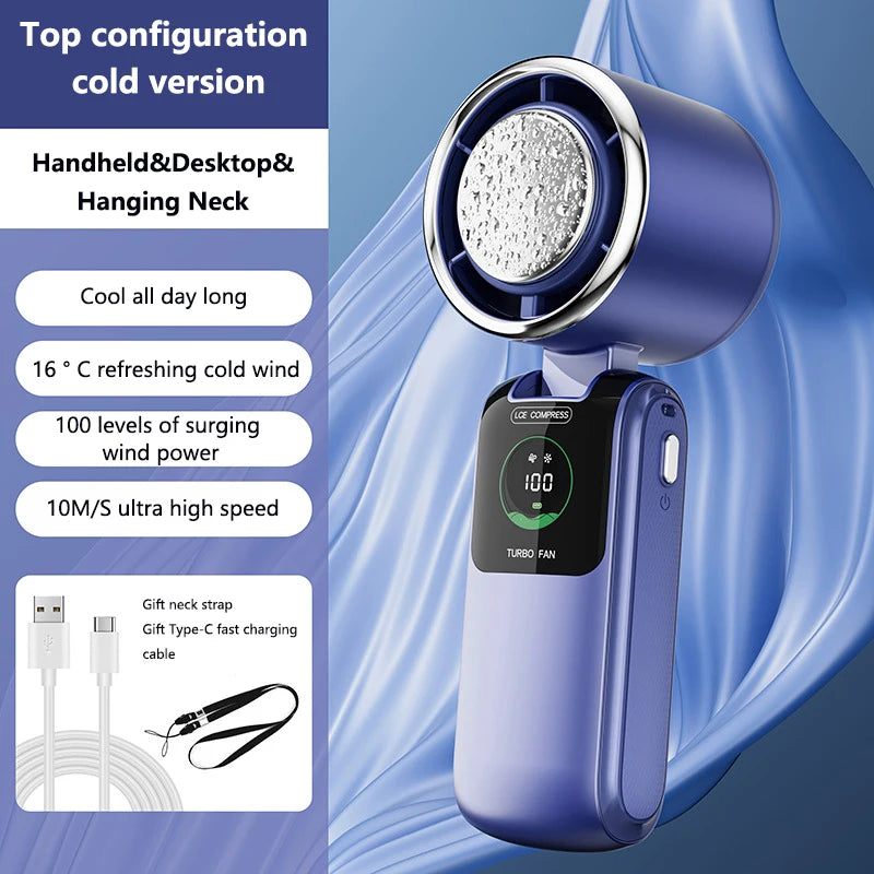 Portable Air Cooling Turbos Handheld Fan 100-Speed Adjustable Refrigeration Cooler 4000mAh LED Display USB Rechargeable Peaceful Pleasures Health and Wellness Blue