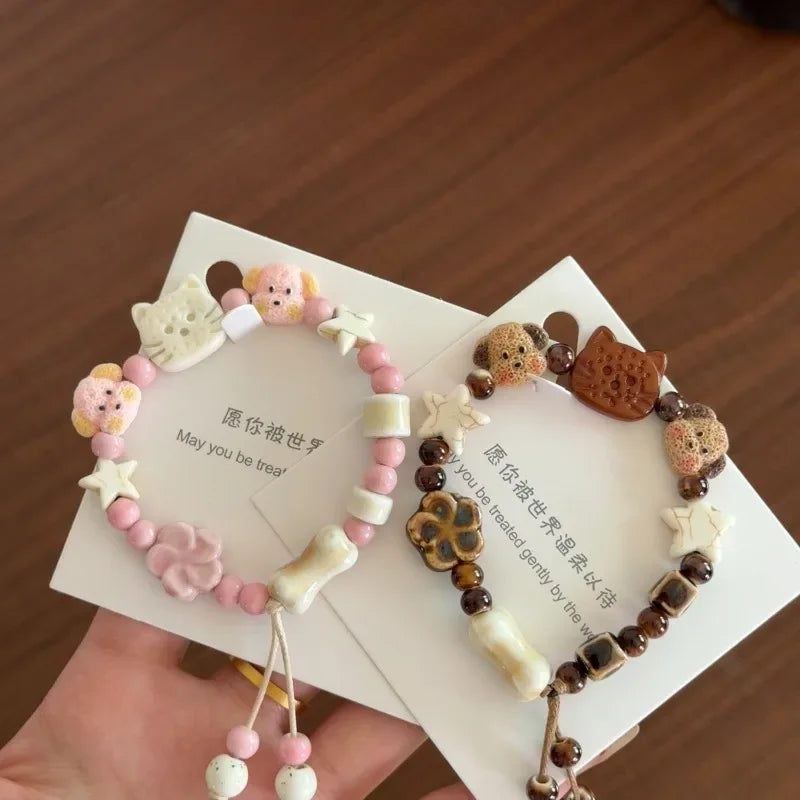 New Fashionable Cute Puppy Cat Bracelet Ceramic Cartoon High Beauty Couple's Girlfriend Bracelet Niche High Beauty Handmade Gift Peaceful Pleasures Health and Wellness