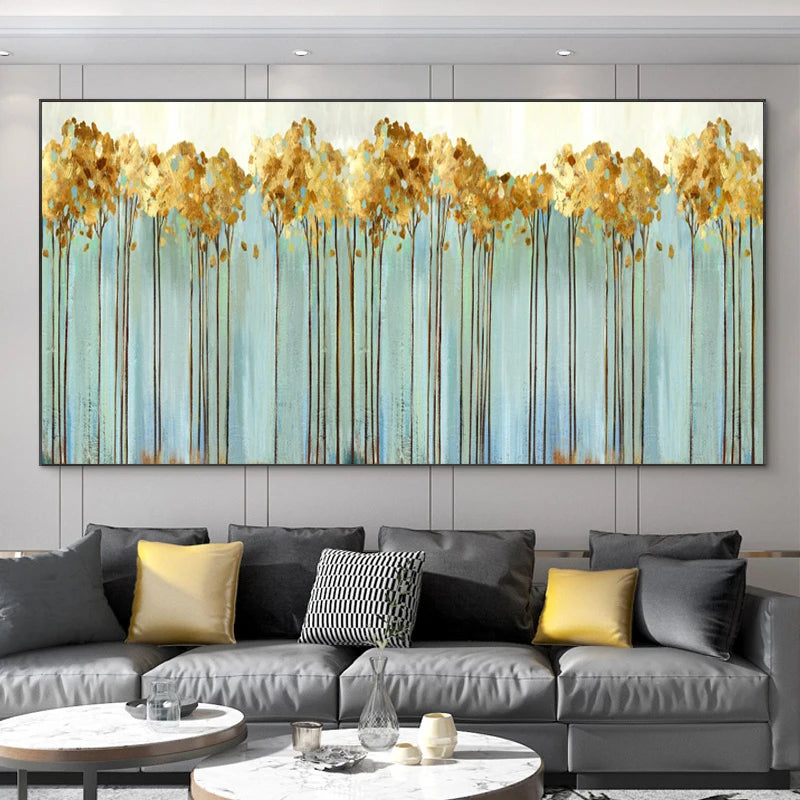 Abstract Leaves Oil Painting Print On Canvas Texture Golden and Silver Trees Wall Art Modern Home Decor Living Room Wall Decor Peaceful Pleasures Health and Wellness