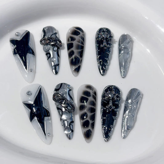 Handmade Press on Nails Punk Cool Black Star Crocodile pattern False Nails Heavy Metal European Black Almond Fake Nail Patches Peaceful Pleasures Health and Wellness