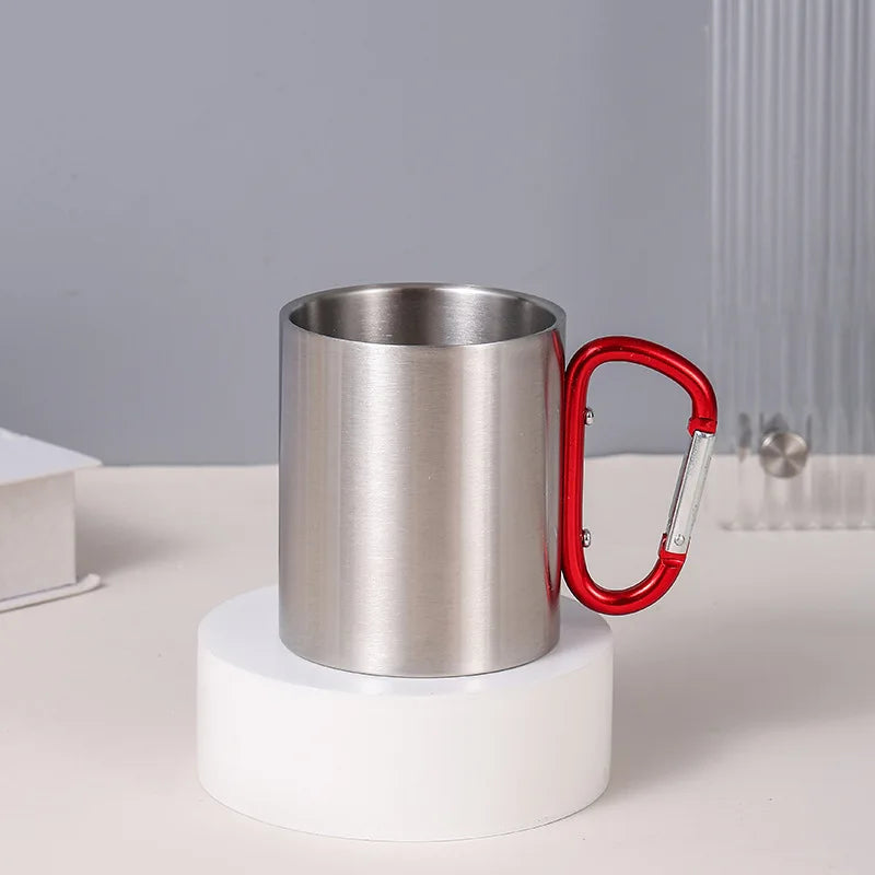 Hot 300ml Camping Travel 201 Stainless Steel Cup Carabiner Hook Handle Picnic Water Mug Outdoor Travel Hike Cup Portable Mug Peaceful Pleasures Health and Wellness red 300ml
