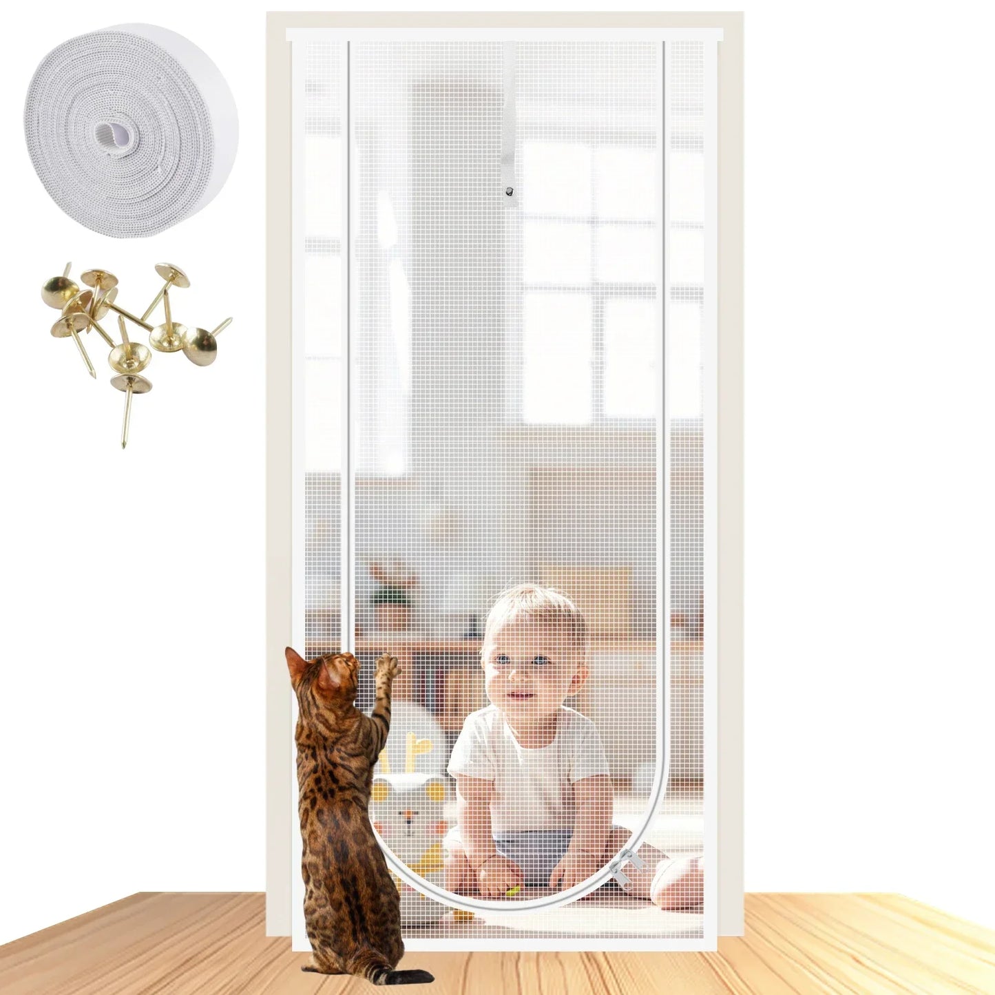 Heavy Duty Pet Screen Door 32x82" Scratch-Proof Mesh & Zipper