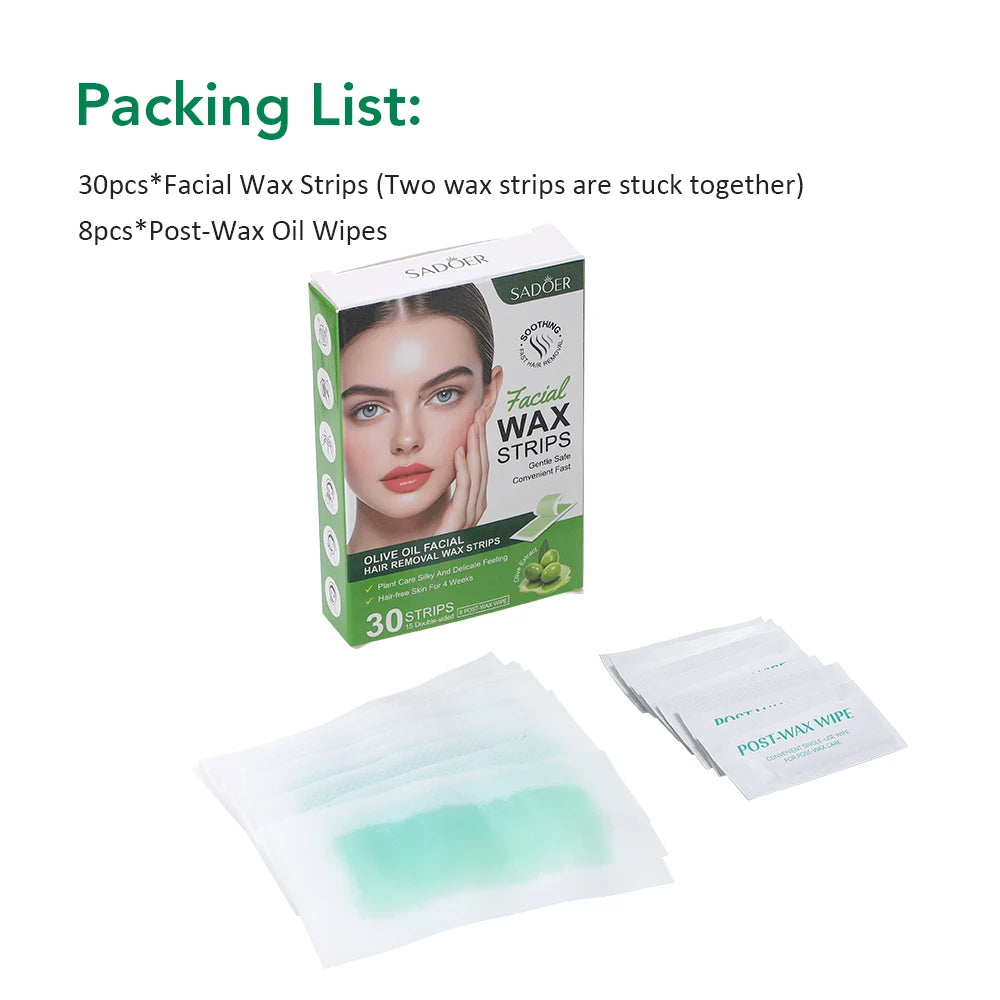 Facial Depilatory Wax Strips 30Pcs Facial Wax Strips+8 Calming Oil Wipes Hypoallergenic Eyebrow Upper Lip Hair Removal Wax Paper Peaceful Pleasures Health and Wellness 30pcs