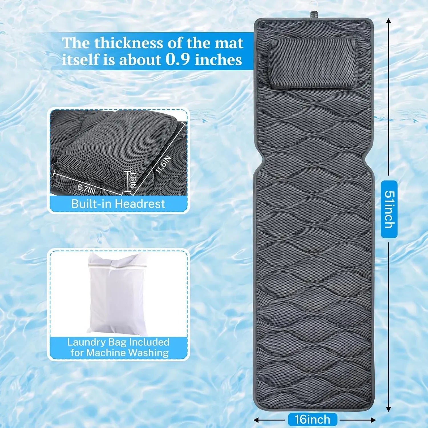 Extra Thick Bathtub Pillow with 17 Suction Cups, Soft Head Neck Support, Grey 51x16 Inch Peaceful Pleasures Health and Wellness