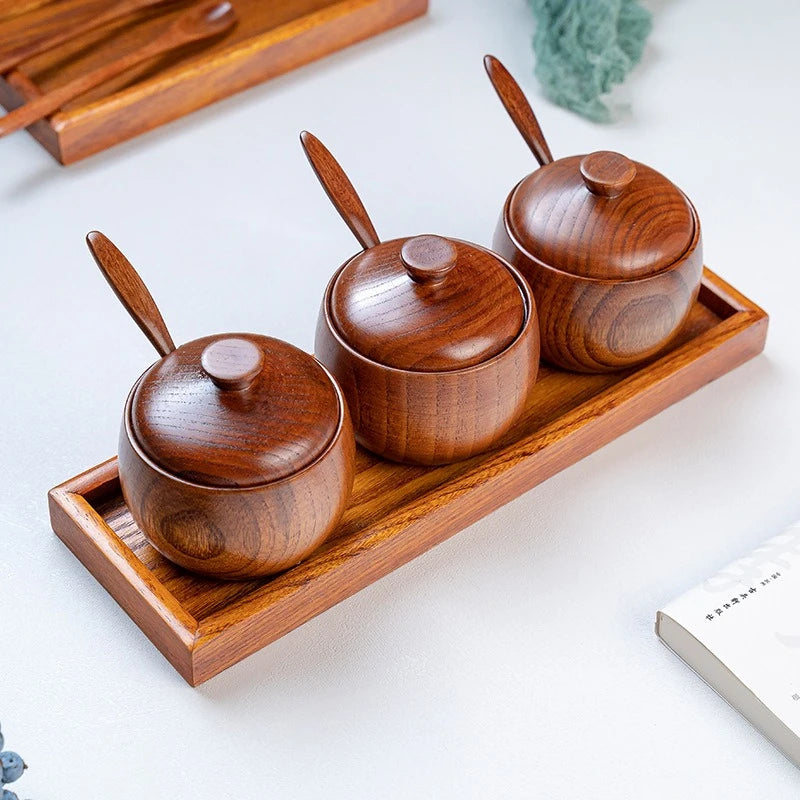 Wooden Seasoning Jar Creative Kitchen Retro Salt Sugar Pot Seasoning Storage Jar With Lid Spoon Wooden Tray Storage Containers Peaceful Pleasures Health and Wellness
