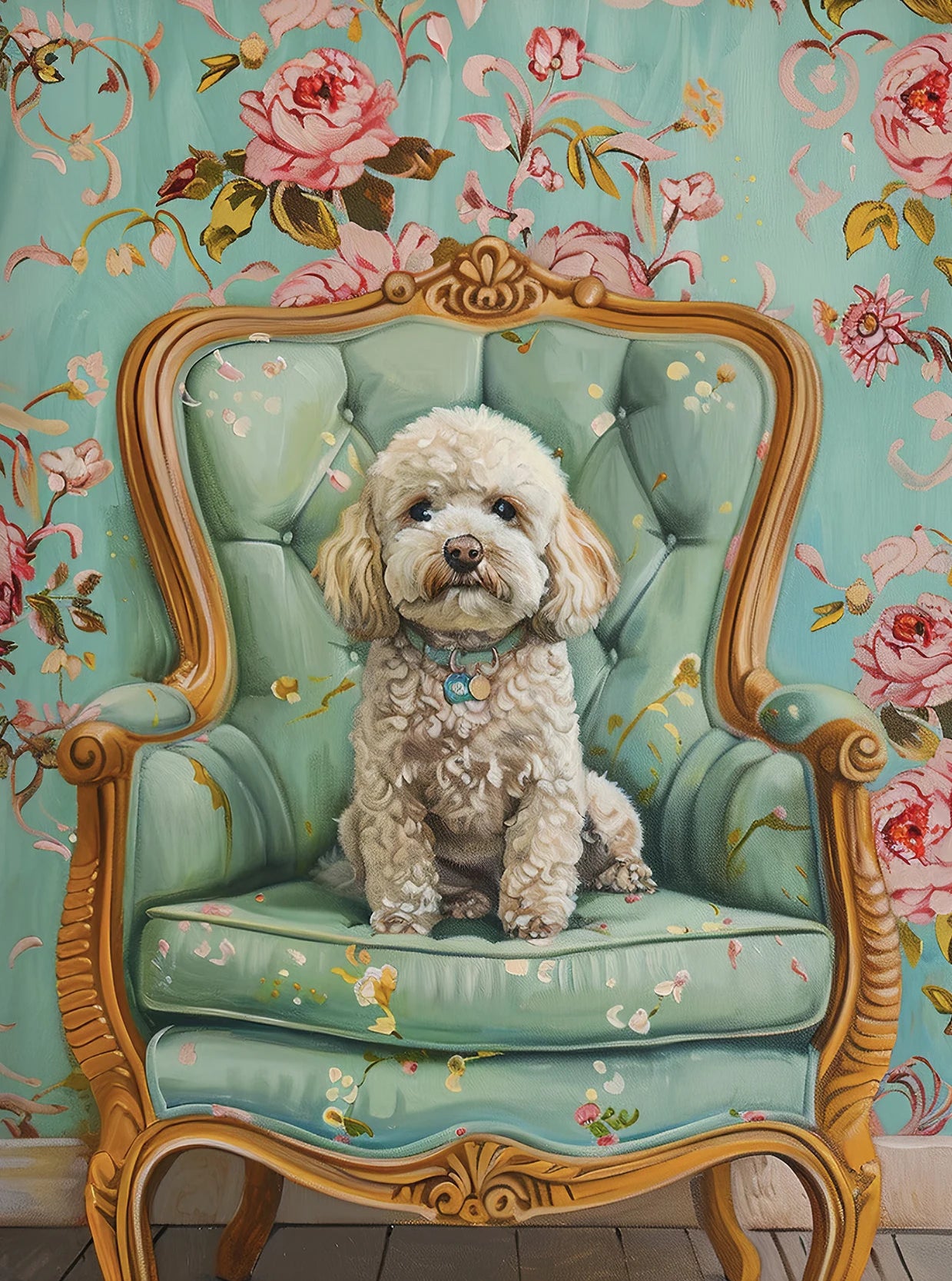 Dog on Stool Retro Canvas Wall Art | Bichon Frise Pomeranian