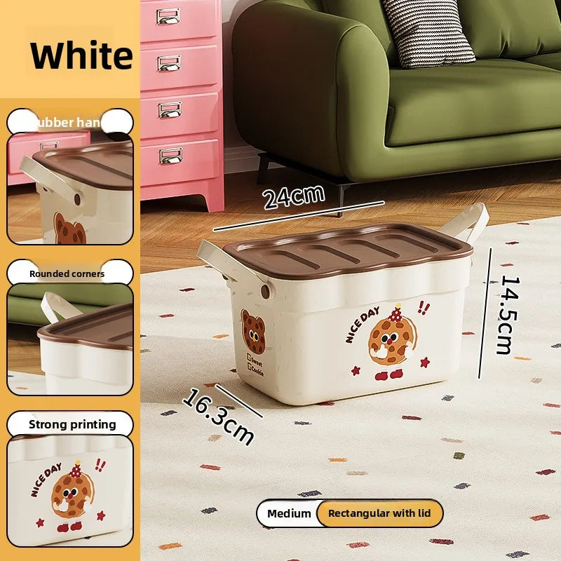 Cartoon Pattern Lidded Storage Box for Toys Snacks Dustproof Desktop Container Household Storage Solution for Various Items Peaceful Pleasures Health and Wellness White with Lid M 1 Pc