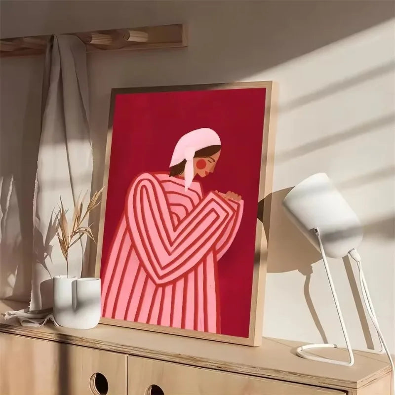 Modern Abstract Wall Art - Woman Relaxing on Red Orange Striped Couch - Large Canvas Print Decor - Unique Line Drawing Unframed Peaceful Pleasures Health and Wellness