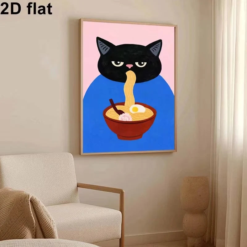 Black Cat Ramen Canvas Wall Art Print | Funny Home Decor