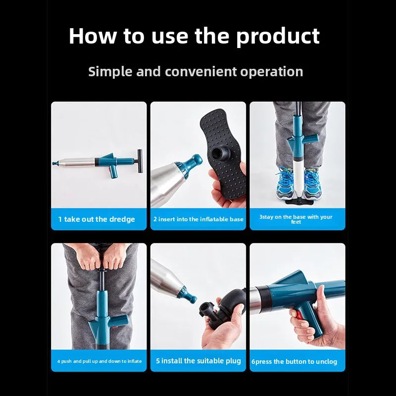 High Pressure Air Drain Blaster Bathroom Sink Sewer Drain Clog Remover Tools Stainless Steel Toilet Plunger Pipeline Unclogger Peaceful Pleasures Health and Wellness