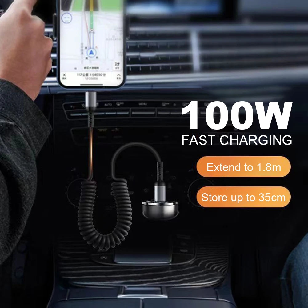 100W USB-C Coiled Fast Charging Cable – Retractable 6A Spring Peaceful Pleasures Health and Wellness