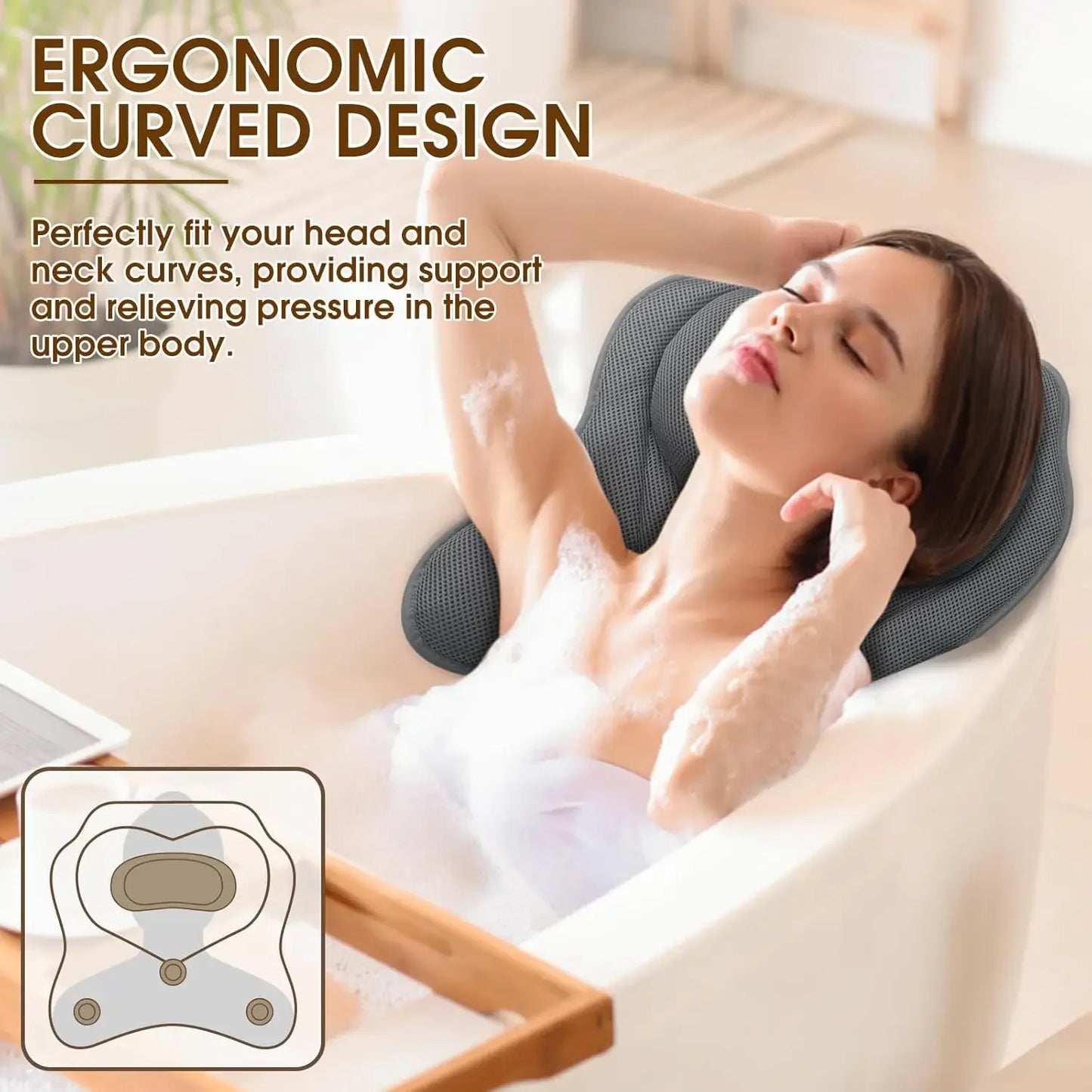 Breathable Mesh Bathtub Pillow with 6 Suction Cups for Head, Neck & Shoulder Support - Fits Any Tub Peaceful Pleasures Health and Wellness