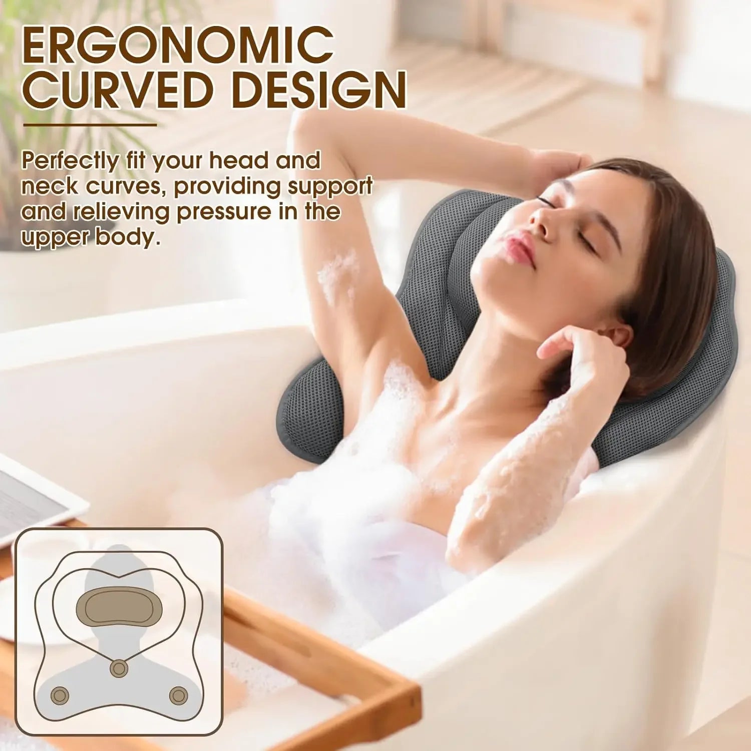Breathable Mesh Bathtub Pillow with 6 Suction Cups for Head, Neck & Shoulder Support - Fits Any Tub Peaceful Pleasures Health and Wellness