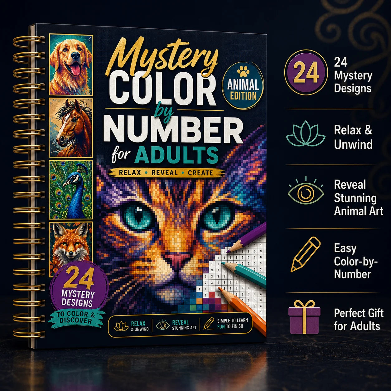 Mystery Number Adults A4 Spiral Coloring Book Animal Edition 24