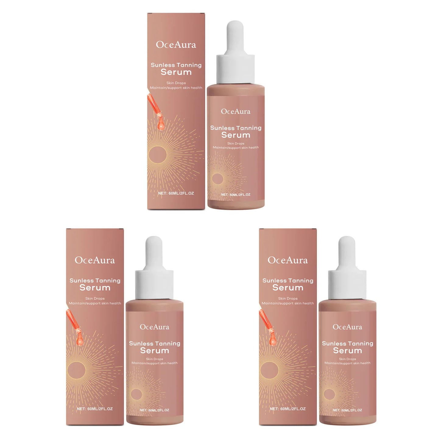 Herbal Sunless Tanning Drops – Natural Self Tanner Bronzer Peaceful Pleasures Health and Wellness 3 x 60ml Boxed