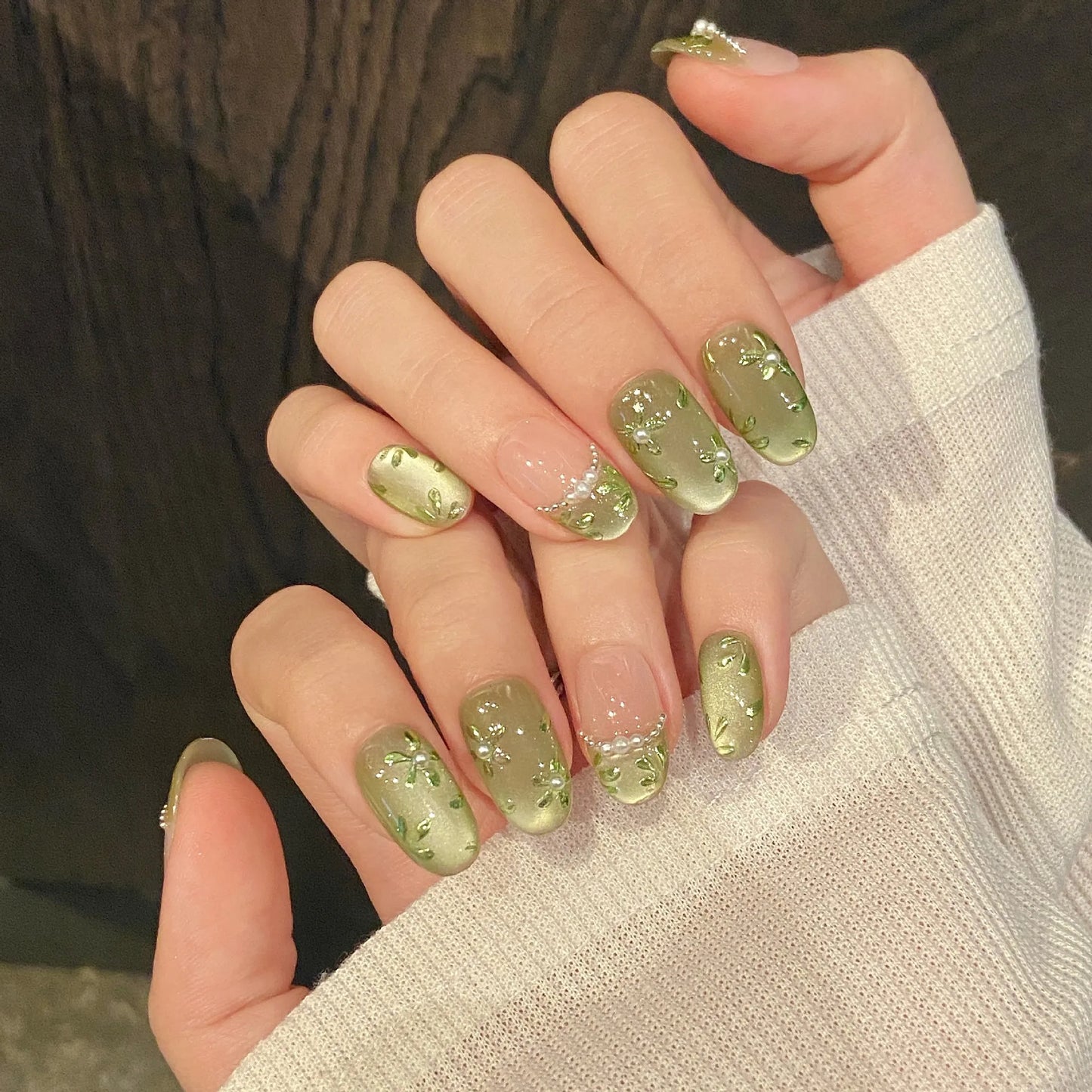 10pcs Handmade Press on Nails Green Flower Print Short Oval Head Fake Nails Wearable Glitter Green Cat Eye False Nail Tips Peaceful Pleasures Health and Wellness L 2