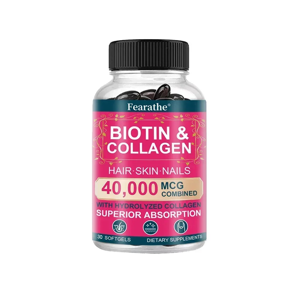 Biotin Collagen Supplement - Hair Growth Support, Skin & Nails - 40000 mcg with Vitamins B Complex, Hyaluronic Acid & Keratin Peaceful Pleasures Health and Wellness 30 count-1 bottle