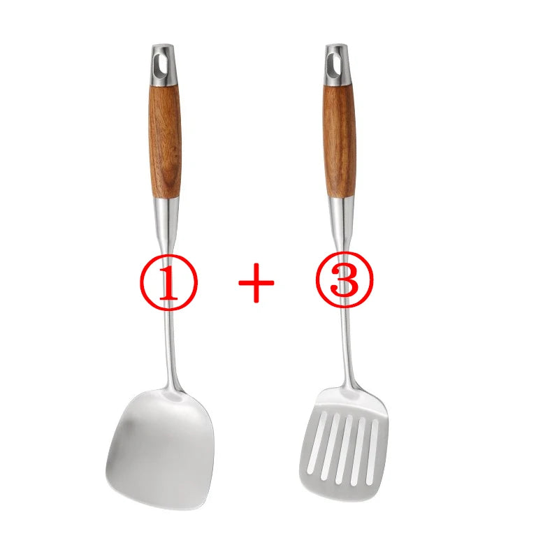Rosewood Handle Stainless Steel Cookware Set Kitchen Durable Wok Spatula Colander Shovel Cooking Utensil Kitchenware Accessories