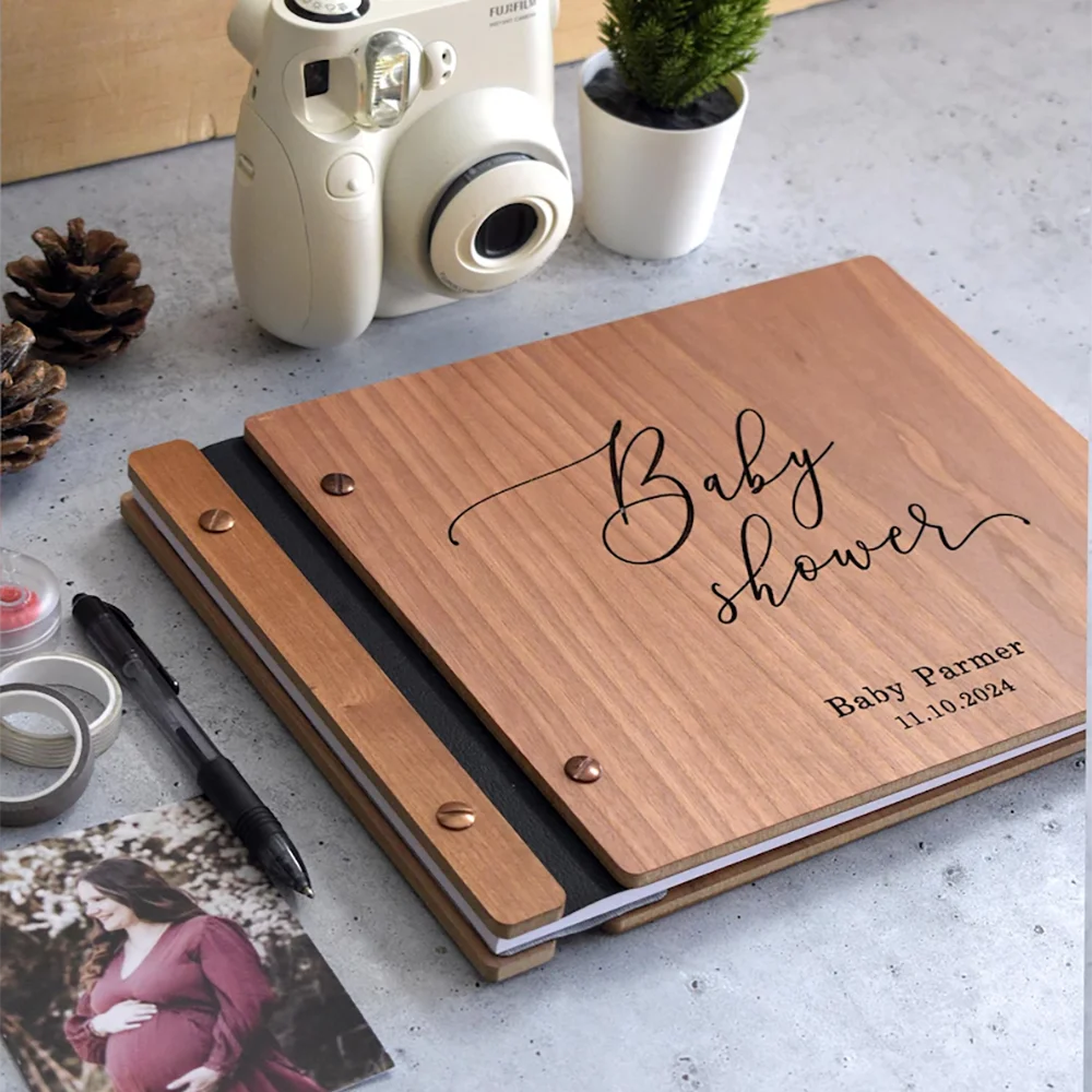 Personalised Wooden Baby Shower Guest Book | Cherry Wood