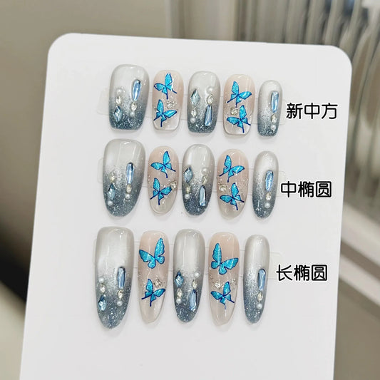 10pcs Handmade Glitter Gradient Press on Nails Sea Blue Butterfly Cat's Eye Fake Nails Wearable Diamond Decor False Nails Tip Peaceful Pleasures Health and Wellness